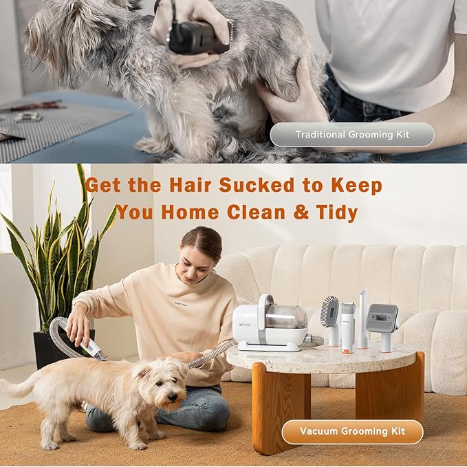 Afloia Dog Grooming Kit, Pet Grooming Vacuum & Dog Clippers Nail Trimmer Grinder & Dogs Brush for Shedding with 6 Pets Grooming Tools, Low Noise Dogs Hair Remover Pets Supplies (White)