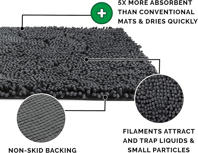 Furhaven 30" x 21" Highly Absorbent Dog Door Mat for Muddy Paws, 100% Washable, Perfect for Entryway, Kitchen, & Bathroom Use - Chenille Shammy Rug - Charcoal (Gray), Medium