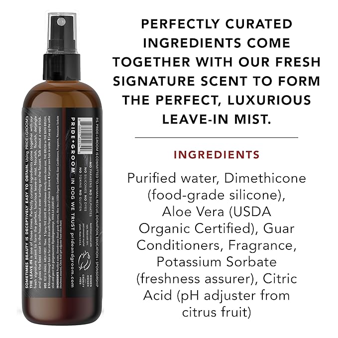 Pride and Groom The Leave in – Dog Conditioner and Detangler Spray Made in USA with Clean Ingredients & Signature Scent to Nourish, Moisturize, Repair, & Add Shine to All Pet Coat Types – 12 fl oz