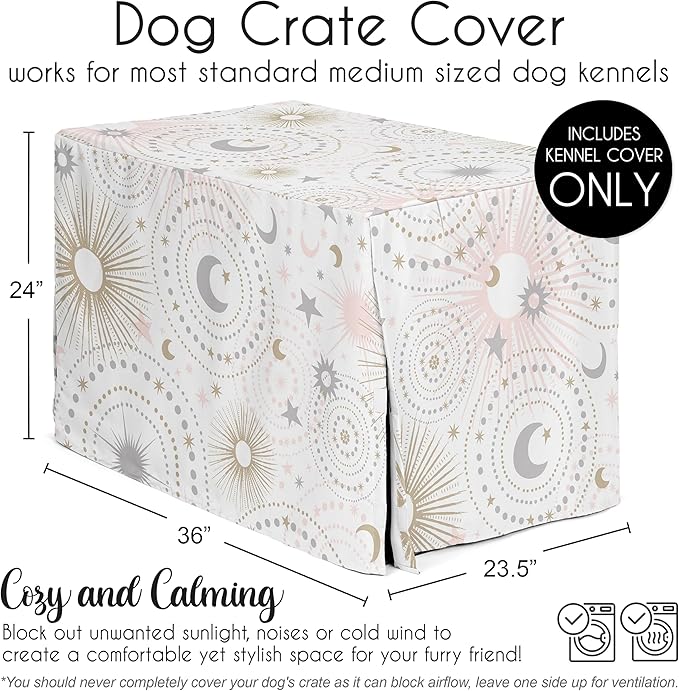 Sweet Jojo Designs 36in. Medium Dog Crate Cover (Boho Star and Moon) Pet Cage, Kennel Covers (Shabby Chic, Bohemian, Celestial, Sky, Stars & Moons, Cosmic, Starburst, Mystical, Blush Pink, Gold, Grey)