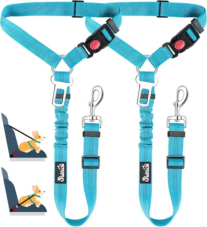 Lukovee Dog Car Seat Belt, 2 Pack Headrest Restraint Seatbelt, Adjustable Pet Safety Leads with Reflective Elastic Bungee for Dog Harness Collar Travel Daily Use (Tiffany Blue,Headrest+Clip)