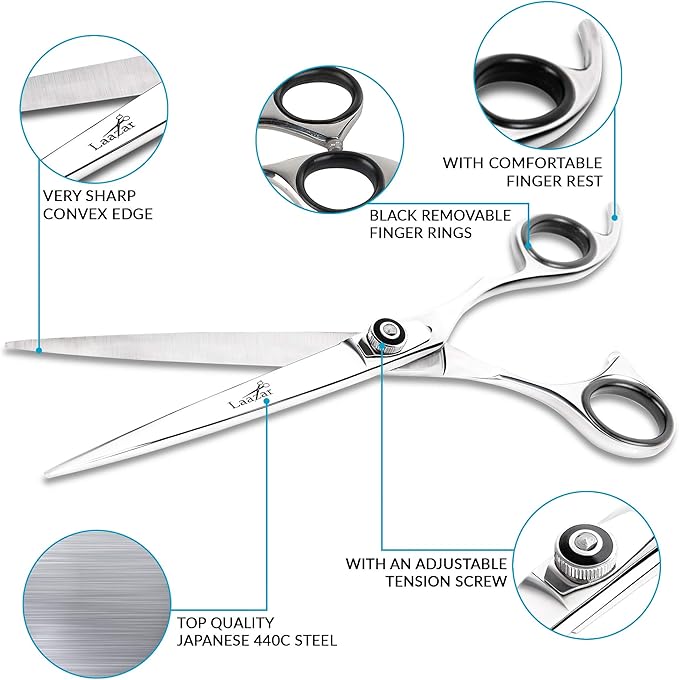 Laazar Professional 7.5 inch Straight Shears for Dogs and Cats Leather case Included | Adjustable Pet Grooming Scissors | Hand-Forged 440C Japanese Stainless Steel | Groomers Tool for Men and Woman