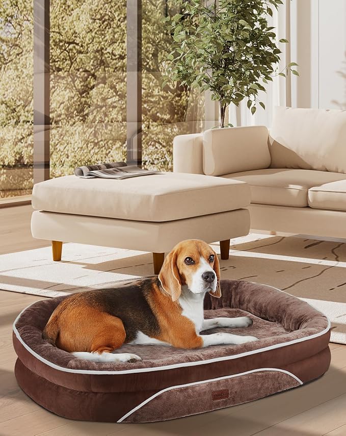 OhGeni Orthopedic Dog Bed for Large Dogs, Dog Couch Design with Egg Foam Support, Removable, Machine Washable Plush Cover and Non-Slip Bottom with Four Sided Bolster Cushion (Brown)
