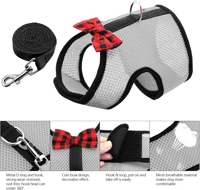 Rypet Small Animal Harness and Leash - Soft Mesh Small Pet Harness with Safe Bell, No Pull Comfort Padded Vest for Small Pet Gray S
