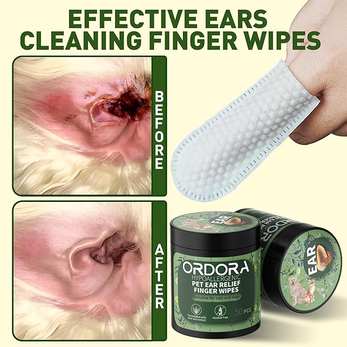 ORDORA PET Ear Finger Wipes for Dogs & Cats -50 Pcs - Gently Remove Ear Wax, Debris - Sooths & Deodorizes - Relieve Ear Itching & Inflammation