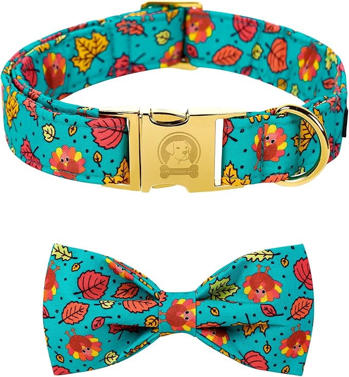 MR. CHUBBYFACE Thanksgiving Dog Collar Fall Maple and Turkey Dog Collar with Bow Adjustable Dog Collar Bowtie for Small Medium Large Dogs
