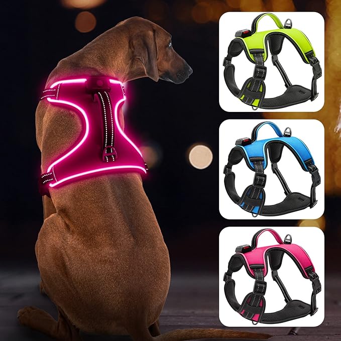 Light Up Dog Harness No-Pull LED Dog Harness with Handle Rechargeable Lighted Dog Vest Harness Dog Harness for X-Small/Small/Medium/Large/X-Large Size (Pink, L)