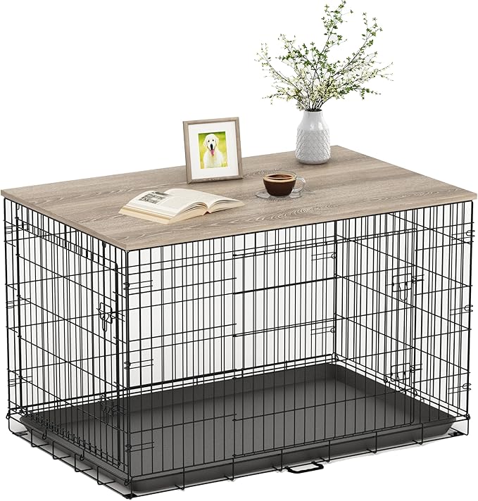 Piskyet Dog Crate Topper Wood Countertop for 48 42 36 30 24 inch Dog Cage, Dog Crate Cover,Dog Kennel Topper, 36" Grey(Crate Not Include)