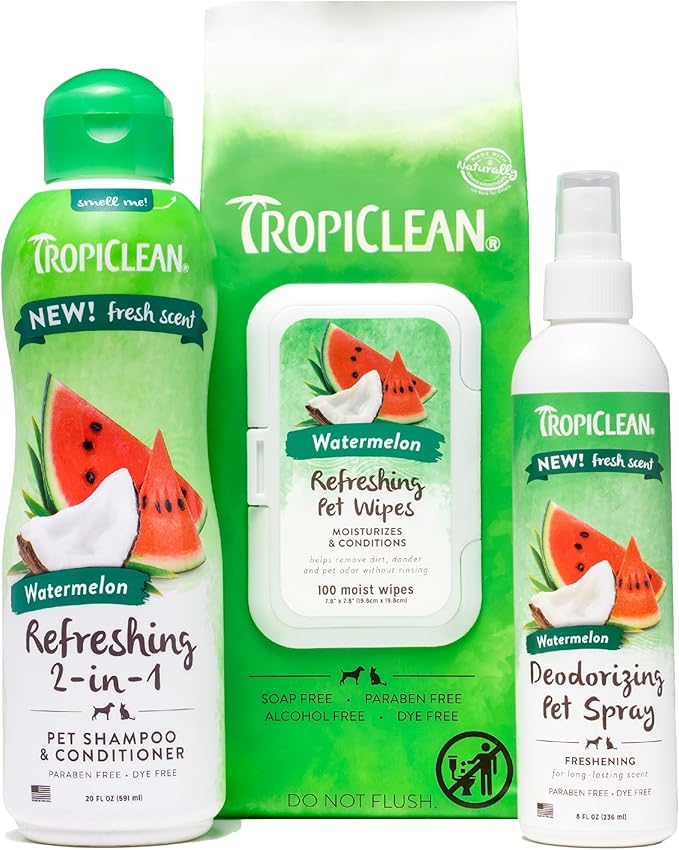 TropiClean Watermelon Grooming Kit for Dogs| Natural Pet Products Derived from Natural Ingredients | Safe for Cats | Made in The USA | 3 Piece Set