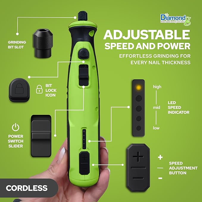Rotary Tool for Dog Nail Grinding, Cordless, 8V Lithium Ion Battery, Lighted Tip, 4 Hour Run Time (Green)