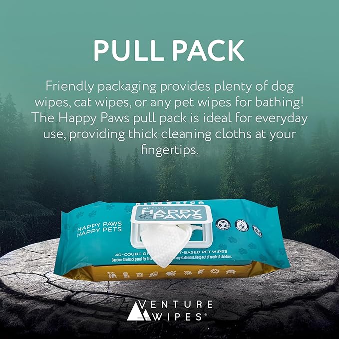 Venture Wipes Happy Paws - Natural Pet Wipes for Dogs and Cats - Biodegradable Grooming Wipes for Paws, Eyes, Ears, and More - Large Cleansing Cloths for Pet Care Essentials (Pull Pack - 40 Count)