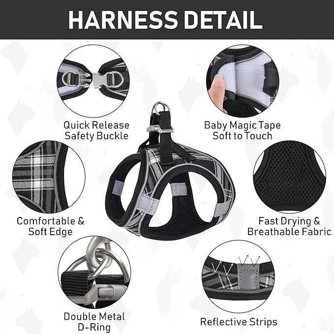 GAMUDA Small Dog Harness Collar and Leash Set, Step in No Chock No Pull Soft Mesh Adjustable Dog Vest Harnesses Plaid Reflective for Dogs Puppy Cats Kitten Rabbit (Black, XS)