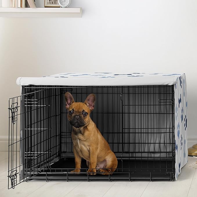 Sweet Jojo Designs 30in. Small/Medium Dog Crate Cover (Bones and Paw Prints) for Boys Pet Cage, Kennel Covers (Modern, Cartoon, Doggy, Puppy, Neutral, Paws Print, Whimsical, Playful, Slate Navy Blue)