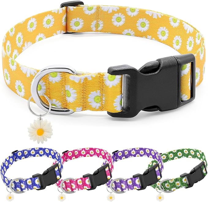 BiPawTi Dog Collars - Cute Flower Collar for Small Dog with Daisies Charms, Pretty Floral Dogs Collar for Female Dogs Puppy Girls Boys Pet (S, Yellow)