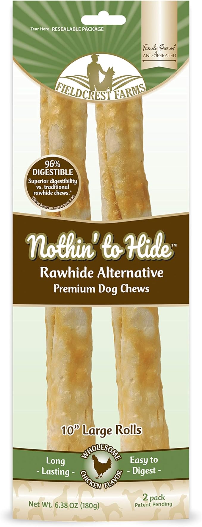 Fieldcrest Farms Nothing to Hide Natural Rawhide Alternative Large 10'' Rolls for Dogs - 3 Pack (6 Chews) Premium Grade Easily Digestible Chews - Great for Dental Health (Chicken)