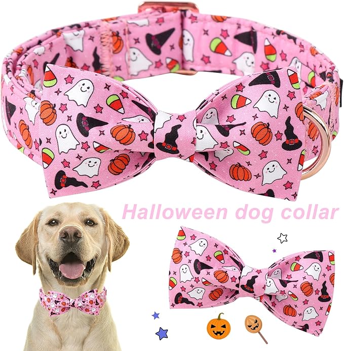 ARING PET Halloween Dog Collar-Cotton Pink Pumpkin Dog Collar with Bow, Adjustable Halloween Themed Bowtie Dog Collars Pet Necklace with Metal Buckle for Girl&Boy Dogs
