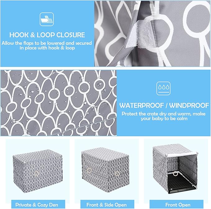 Dog Crate Cover for Wire Crates, Heavy Nylon Waterproof, Fits Most 30" inch Dog Crates, Easy to Put On, Take Off, and Adjust - Cover only - Gray - M