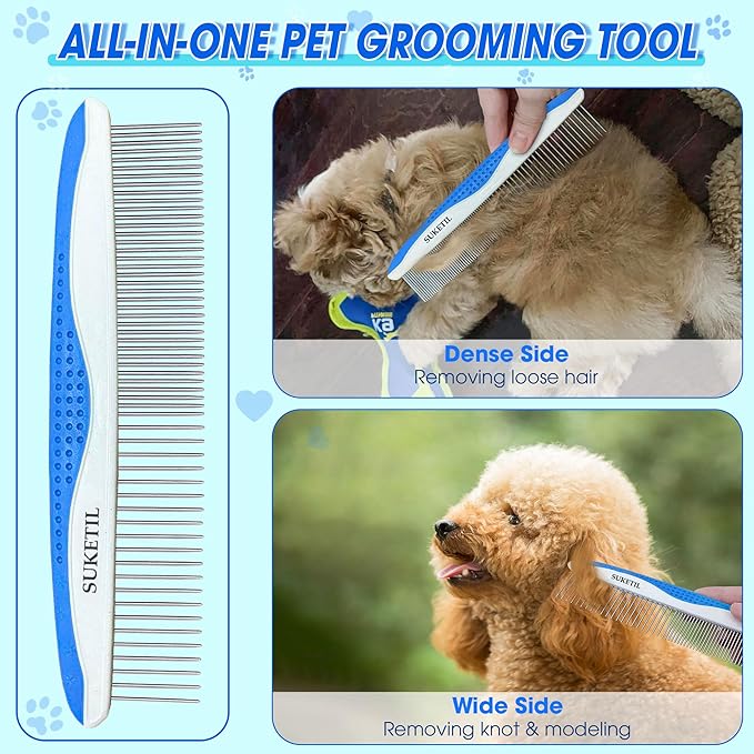 Dog Comb Stainless Steel Teeth, Dog combs for grooming matting, Dematting Comb for Dogs and Cat Removes Tangles & Knots (Blue)