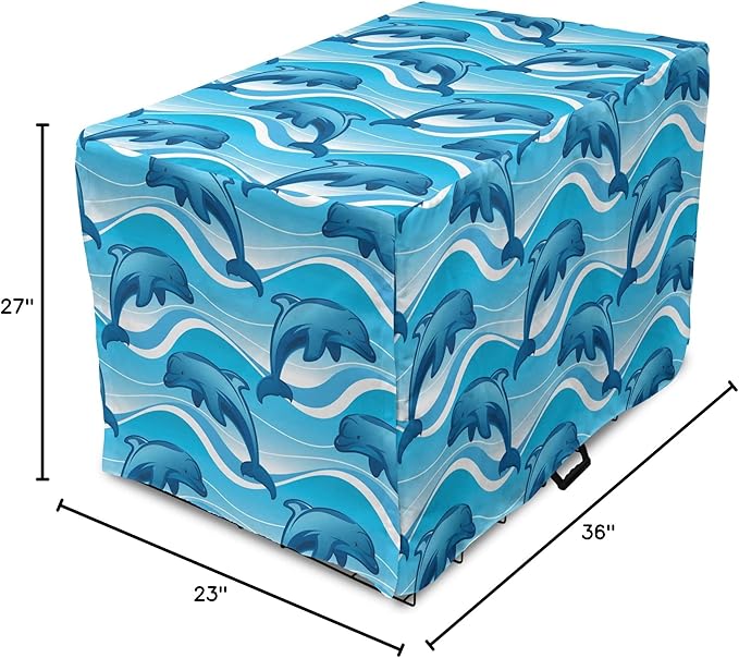 Lunarable Dolphin Dog Crate Cover, Dolphin Illustration Jumping Waves with Large Mammal Friendly Ocean Animal, Easy to Use Pet Kennel Cover for Medium Large Dogs, 36 Inch, Azure Blue White