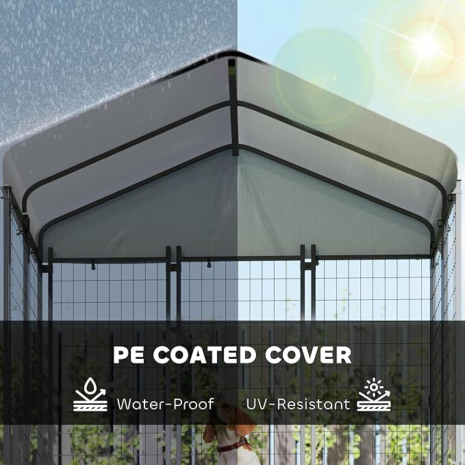 PawHut Outdoor Dog Kennel, 5.9' x 4' x 6' Heavy Duty Welded Wire Dog Playpen Enclosure with Roof, Escape-Proof Lock, UV-Resistant & Waterproof Cover, for Medium Dogs, Silver