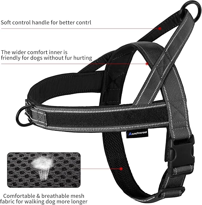 Annchwool No Pull Dog Harness with Soft Padded Handle,Reflective Strip Escape Proof and Quick Fit to Adjust Dog Harness,Easy for Training Walking for Small & Medium and Large Dog(Black,L)