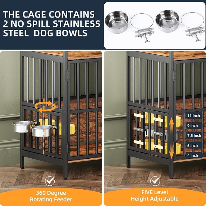 Large Dog Crate Furniture, with 360° Adjustable Elevated Feeder, Heavy Dog Furniture, Indoor Decorative Dog Kennel, Sturdy Metal Construction, 38" W×21" D×36" H, Rustic Brown Finish