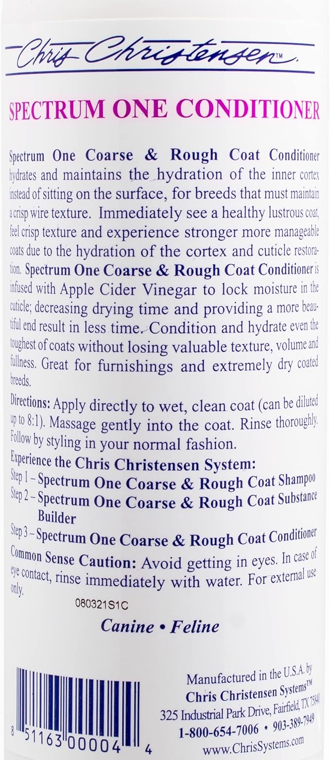 Chris Christensen Spectrum One Dog Conditioner, Coarse and Rough Coat, Groom Like a Professional, Repairs and Protects, Maintains Inner Cortex Hydration, Made in The USA, 16 oz