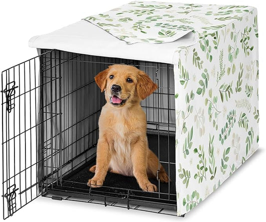 Sweet Jojo Designs Green Boho Floral Leaf Dog Crate Cover – Kennel Covers for 36 Inch Pet Cage Medium - Neutral Sage White Bohemian Watercolor Botanical Flower Woodland Tropical Garden Nature