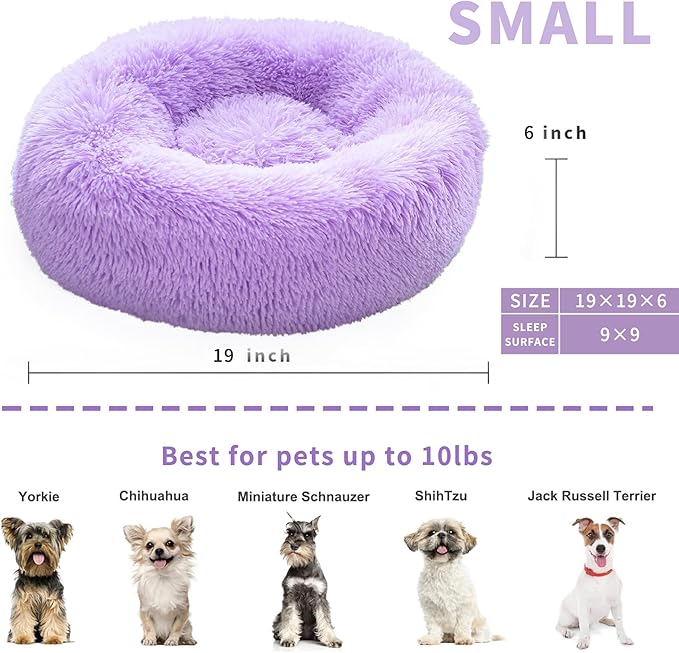 Purple Dog Bed for Small Dogs 19 Inch Donut Cuddler Plush Cat Calming Bed with Machine Washable, Non-Slip Fluffy Dog & Cat Calming Cushion Bed for Joint-Relief and Sleep Improvement