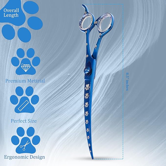 Professional Dog Grooming Scissors/Shears, Curved, with Paw Prints for Dogs, Cats & Pets (Right Handed, Blue, Stainless Steel 8 Inch)