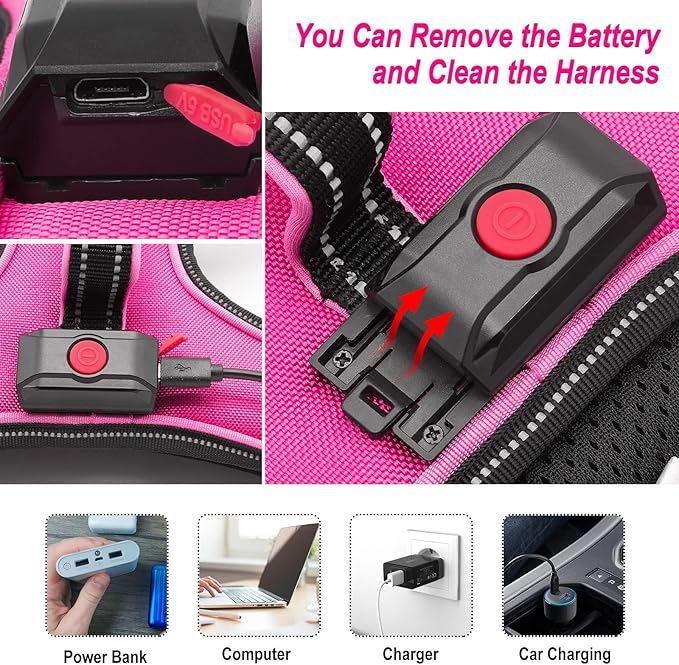Light Up Dog Harness No-Pull LED Dog Harness with Handle Rechargeable Lighted Dog Vest Harness Dog Harness for X-Small/Small/Medium/Large/X-Large Size (Pink, L)