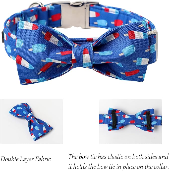 Lionet Paws Patriotic Dog Collar with Bowtie, 4th of July, Soft and Comfortable Adjustable Summer Popsicle Bowtie Collar for Dogs and Cats Male Female Gift, XS, Neck 8-12 inches