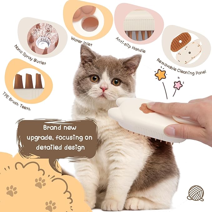 Cat Steam Brush, Steam Brush for Cats, Steamy Cat Brush with Water Tank, Upgraded 3 in 1 Multi-functional Cat Massage Brush for Shedding.(Off White)