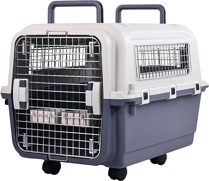 Plastic Kennels Pet Carrier Rolling Plastic Airline Approved Wire Door Travel Dog Crate, Medium (26.5" L x 20" W x 18.8" H)