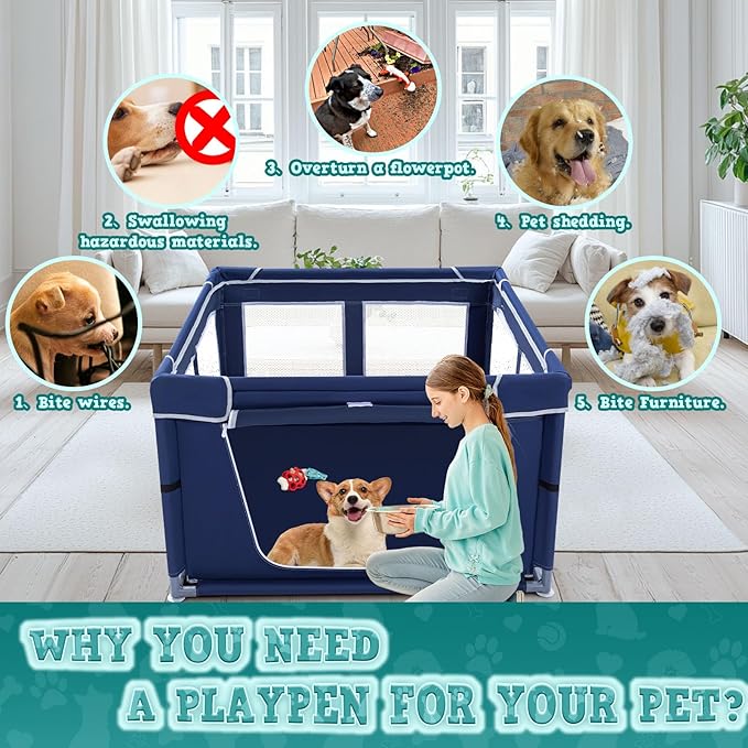 42x42x25.6 Inches Puppy Playpen with Gate, Dog Playpen for Puppies or Small Dogs, DogFence Pet Playpen for Indoor & Outdoor, Sturdy Safety DogPen with Thickened Fabric, High-Strength Nylon Wire Mesh
