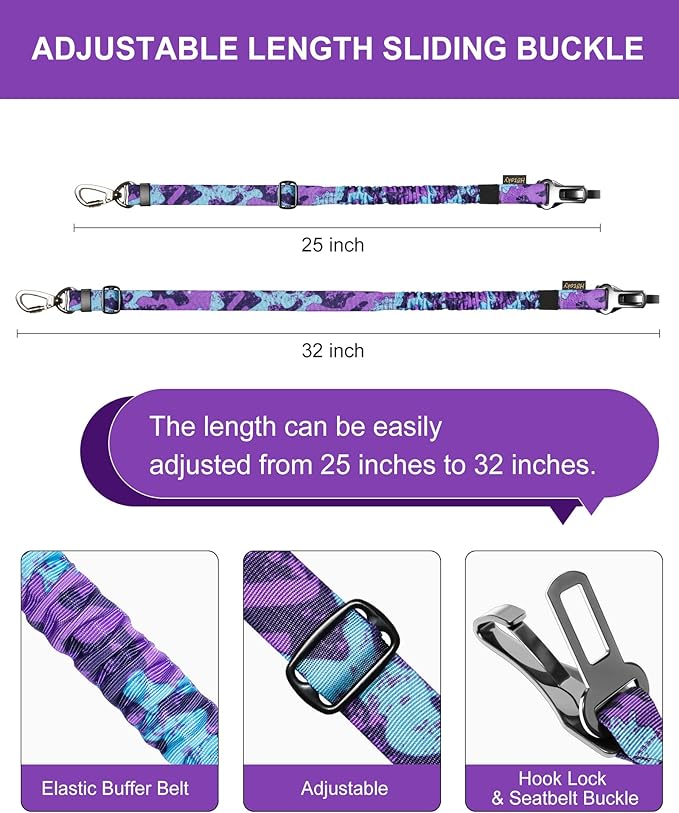Hotsky Dog Seat Belt, Adjustable Safety Seatbelt 3-in-1 Car Harness for Dogs in Car Nylon Elastic Bungee Buffer Tether with Clip Hook Latch Buckle Swivel Zinc Alloy Carabiner(Purple Camo)