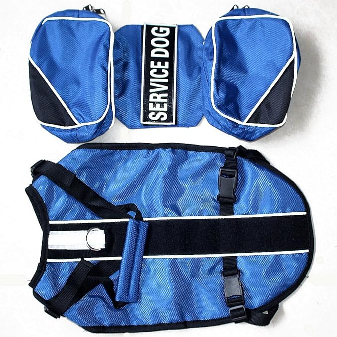 Service Dog Harness, Saddle Bag Backpack Carrier Outdoor Travel Hiking Camping Harness, Removable Saddle Bags and Patches (Blue, M Girth 20-24")