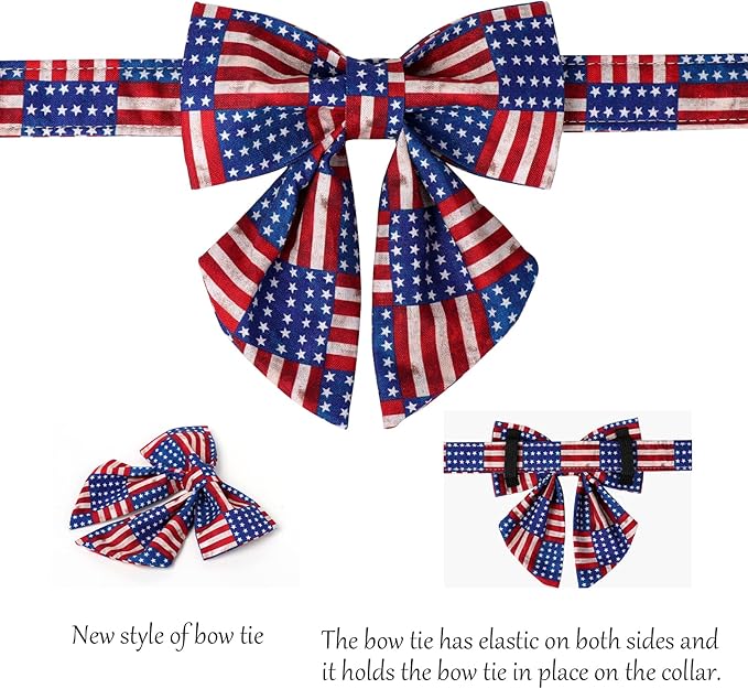 Lionet Paws Patriotic Dog Collar with Sailor Bow, 4th of July, Soft and Comfortable Adjustable American Flag Collar for Large Dogs, Neck 16-24 inches