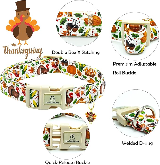 Lionheart glory Turkey Dog Collar, Thanksgining Day Dogs Collar Adjustable Soft Comfortable Collars for Small Dogs Girl or Boy Pet Gift Fall Cute Collar Quick Release Plastic Buckle