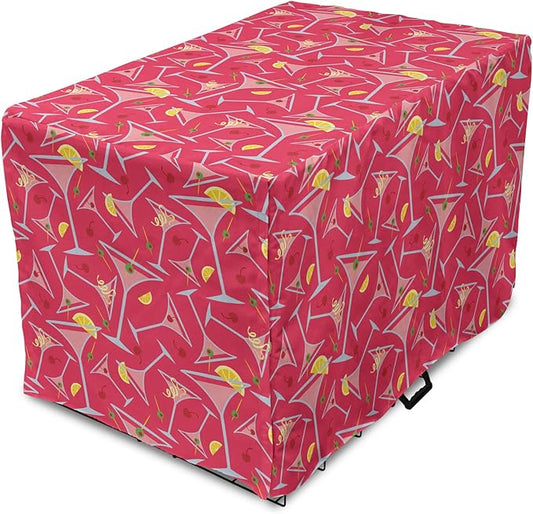 Lunarable Drinks Dog Crate Cover, Exotic Pattern of Tropical Cocktail Party Glasses with Lemons Slice, Easy to Use Pet Kennel Cover for Medium Large Dogs, 36 Inch, Dark Coral Multicolor