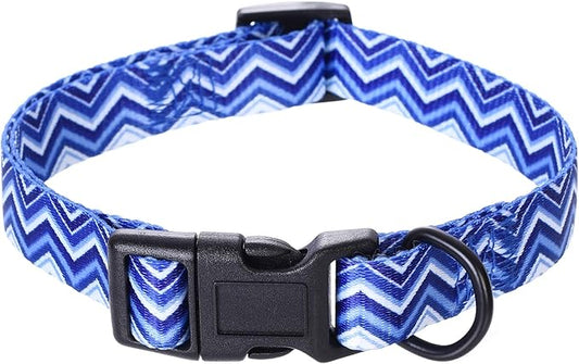 Mile High Life Dog Collar | Cute Puppy Collars | Lightweight Girl Dog Collar | Soft Boy Dog Collars | w Geometric Ocean Wavy Pattern (Blue, Medium)