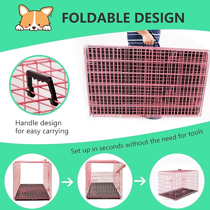 FDW 24 inch Dog Crate Dog Kennel Cage with Double Door Folding Metal Wire Dog Cage with Removable Tray&Divider Panel,Pet Crate for Small Dogs,Pink