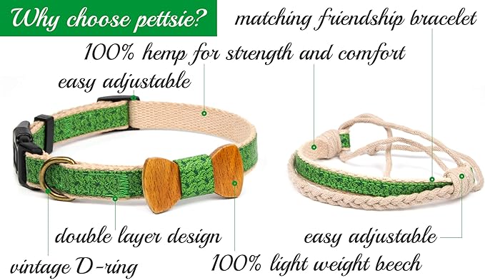 Pettsie Matching Dog Collar Bow Tie, Friendship Bracelet, Durable Hemp for Extra Safety, 2 Easy Adjustable Sizes, Comfortable and Soft for Sensitive Skin, Strong D-Ring for Leash Attachment