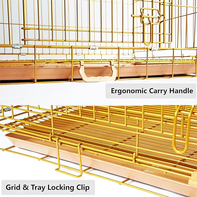 Homey Pet Dog Cage for Small Dogs, Gold Medium Dog Crate, Collapsible Dog Kennel Indoor, Nano-Coated Metal Wire Dog Crate with Removable Floor Grid Tray, Double Doors Dual Locks, GOLD24+GOLD30 Bundle