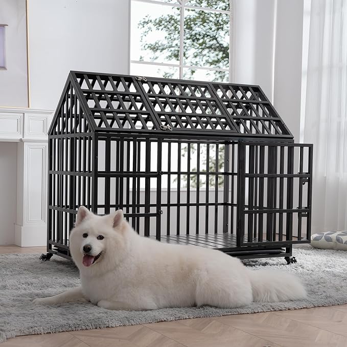 NicBex 51.2 Inch Heavy Duty Dog Crate Strong Metal Pet Kennel Playpen and Crate with Roof,Removable Trays and 4 Lockable Wheels,Furniture Style Dog Crate for Medium/Large Dogs,Black
