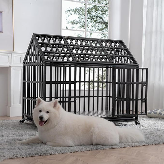 NicBex 51.2 Inch Heavy Duty Dog Crate Strong Metal Pet Kennel Playpen and Crate with Roof,Removable Trays and 4 Lockable Wheels,Furniture Style Dog Crate for Medium/Large Dogs,Black