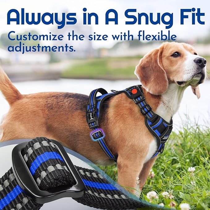 Eagloo Dog Harness Medium Sized, Easy Wearing with 3 Buckles, Adjustable No Pull Pet Harness with 2 Rings for Walking, No Chock Reflective Soft Padded Vest with Control Handle, Blue & Black, M