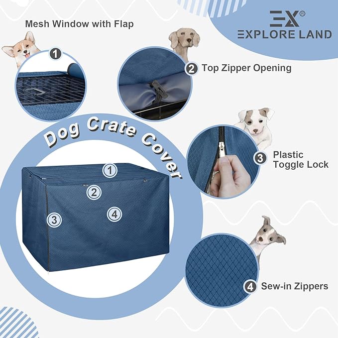 Explore Land Dog Crate Cover for 30 Inches Wire Cage, Heavy-Duty Lattice Pet Kennel Enclosure Compatible with 1 2 3 Doors Standard Metal Cage (Blue)