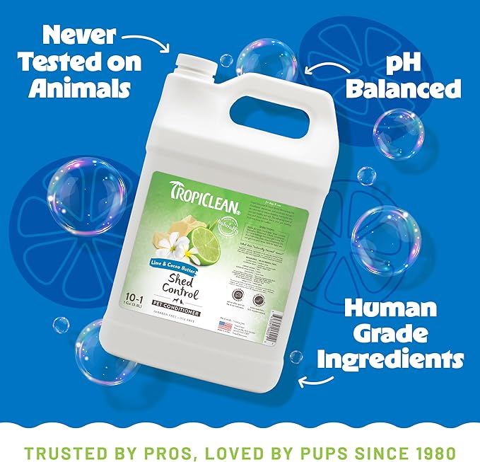 TropiClean Deshedding Dog Conditioner, Professional Conditioner, Reduces Shedding & Softens Coat, Puppy Safe, Lime & Cocoa Butter Scent, 1 Gallon