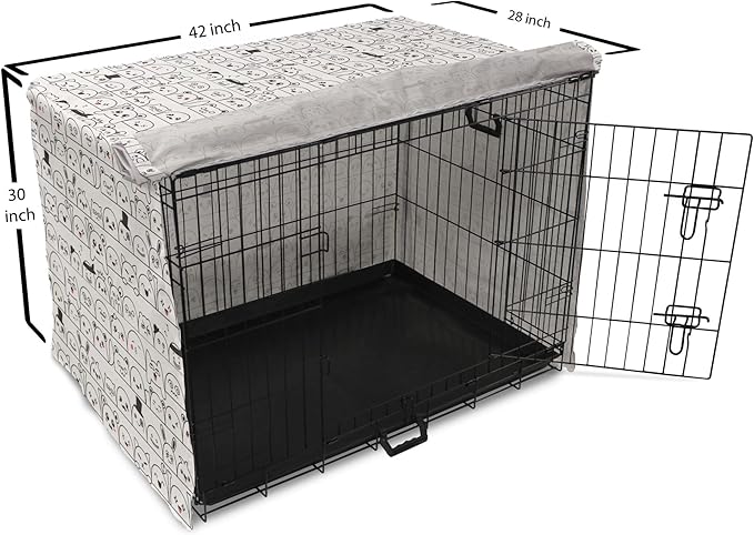 Lunarable Cartoon Dog Crate Cover, Funny Creatures and Monsters Doodle Faces in Manga Style Emotions, Easy to Use Pet Kennel Cover for Medium Large Dogs, 42 Inch, Charcoal Grey Coral White
